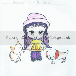 Student coloured pencil drawing of a Chibi/Manga Girl with Dogs from London Art College's Chibi Character Development Course
