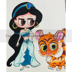 Student pen drawing of a Chibi/Manga Girl and Tiger from London Art College's Chibi Character Development Course